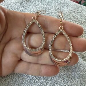 Rose Gold Tone Rhinestone Teardrop Earrings Pave Crystal Open Drop Fishhook